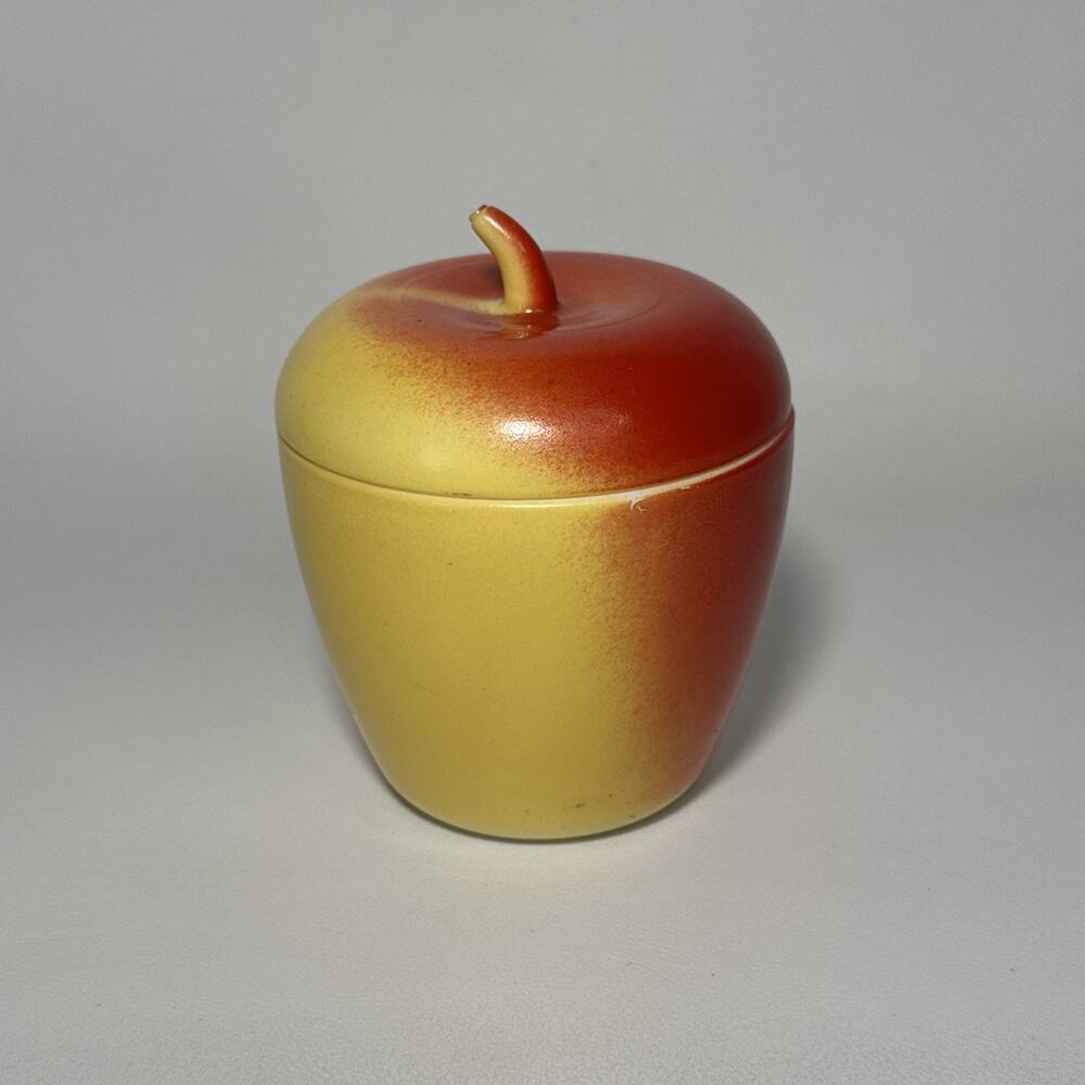 Vtg Hazel Atlas Red & Yellow Apple Shaped Sugar Bowl Jam Jelly Jar W/Stem Lid